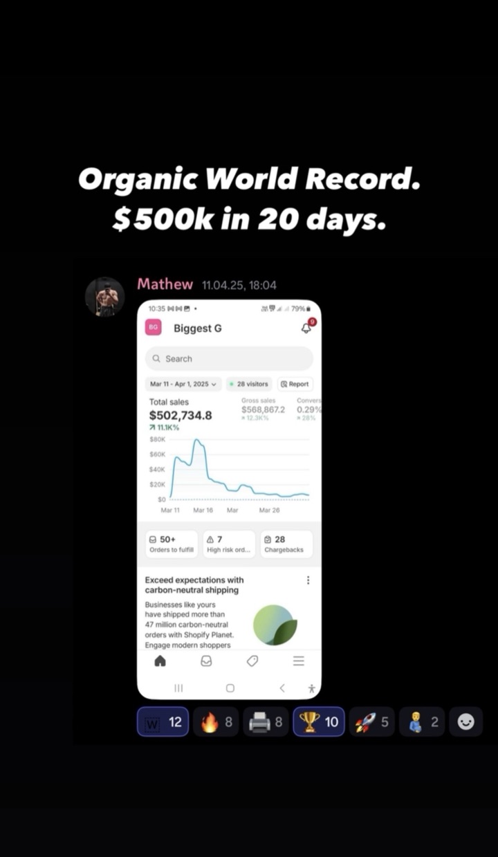 Student dashboard: $502,734 in 20 days, organic