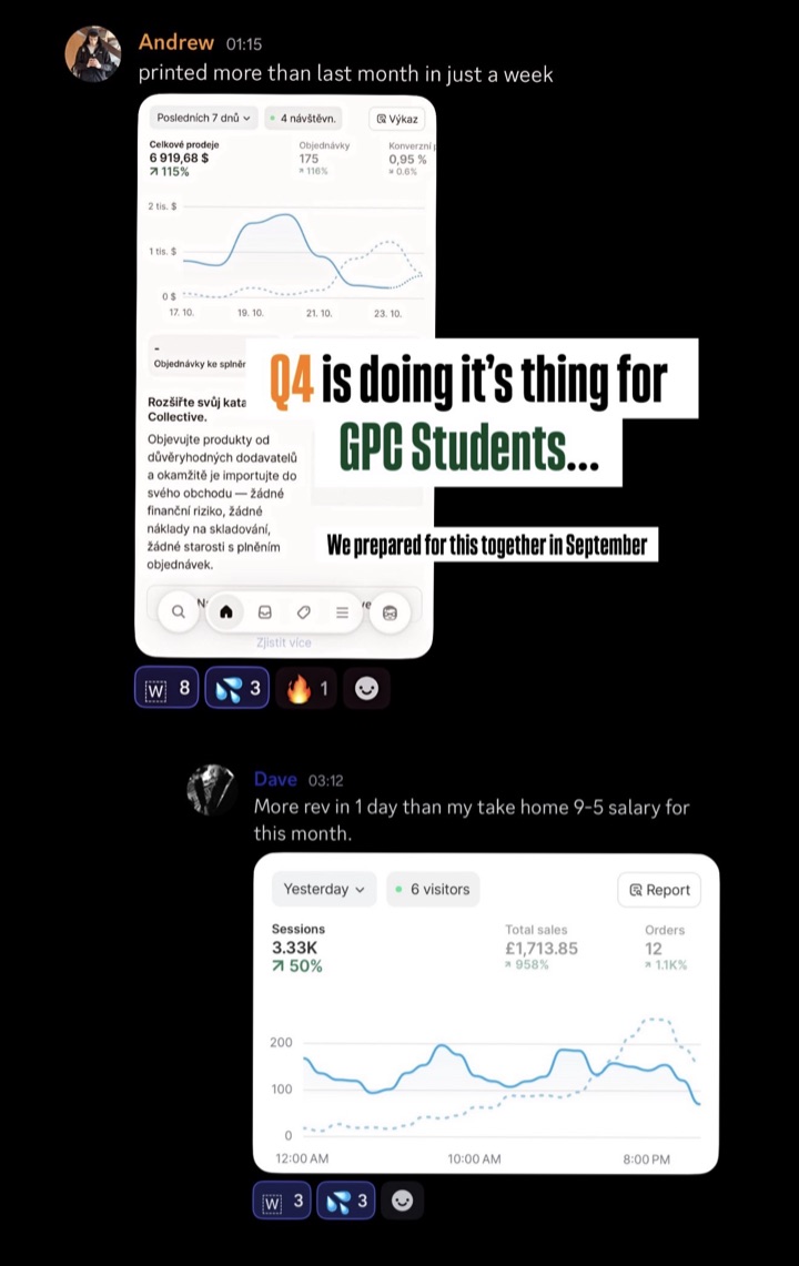 GPC students Andrew and Dave posting Q4 wins in the Discord